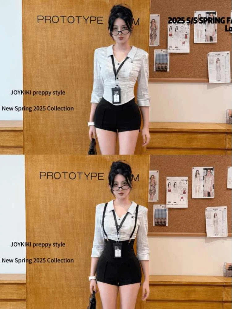 Coreano sle original listrado irt e macacão feminino faion conjunto doce e picante jovem olhar high-end sensação ort calças