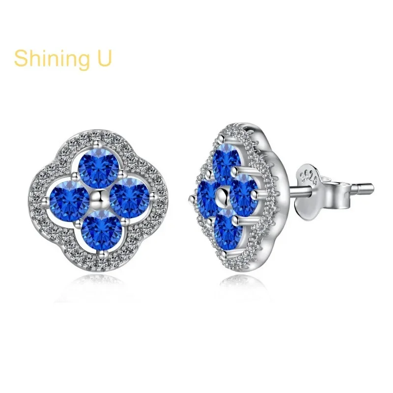 Shining U S925 Silver Blue Zircon Gems Clover Jewelry Set Earrings Necklace Fine Jewelry Gift