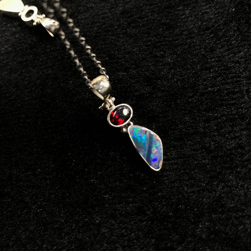CSJ Natural Australia Opal Pendants Sterling 925 Silver Amethyst Garnet Necklace for Women Party Birthday Handmade Jewelry Gift