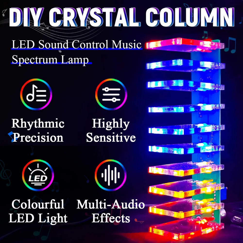 DIY Sound Control LED Music Spectrum Electronic Kit Crystal Column Audio Display PCB Soldering Practice Kit LM339 LM358 DC5-12V