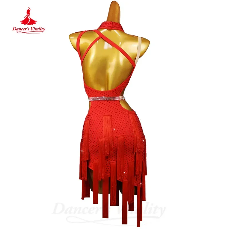 Vestido de baile latino personalizado para adultos y niños, ropa de lujo, diamantes de imitación, borla Sexy, Tango, Chacha, Samba, vestidos de competición