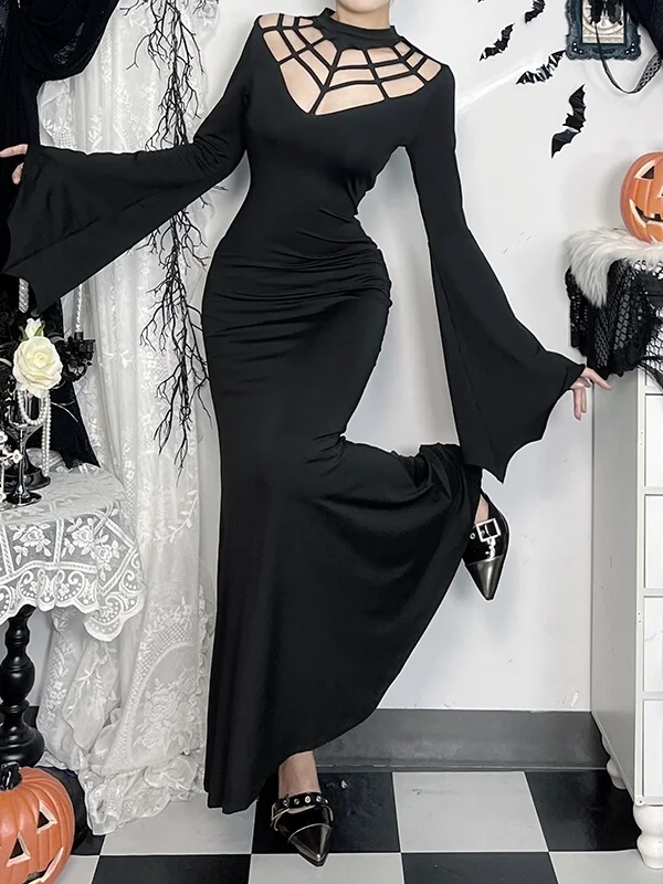 Temperament Halloween Dark Style Sexy Bat Sleeve Slim Cos Dress Spring and Autumn New Round Neck Hollow Fishtail Long Dresses