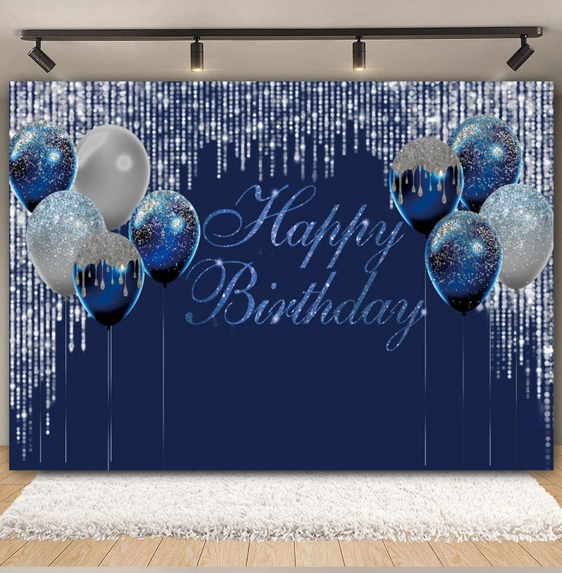 Blue Glitter Balloon Birthday Backdrop Sliver and Golden Flash Women Men Girls Birthday Party Cake Smash Photography Background