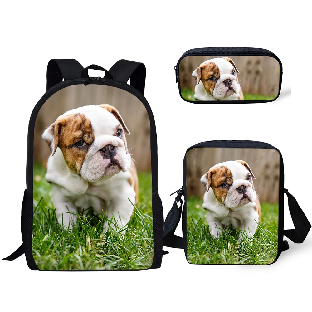 Classic Cute Animal Bulldogs 3D Print 3pcs/Set pupil School Bags Laptop Daypack Backpack Inclined shoulder bag Pencil Case