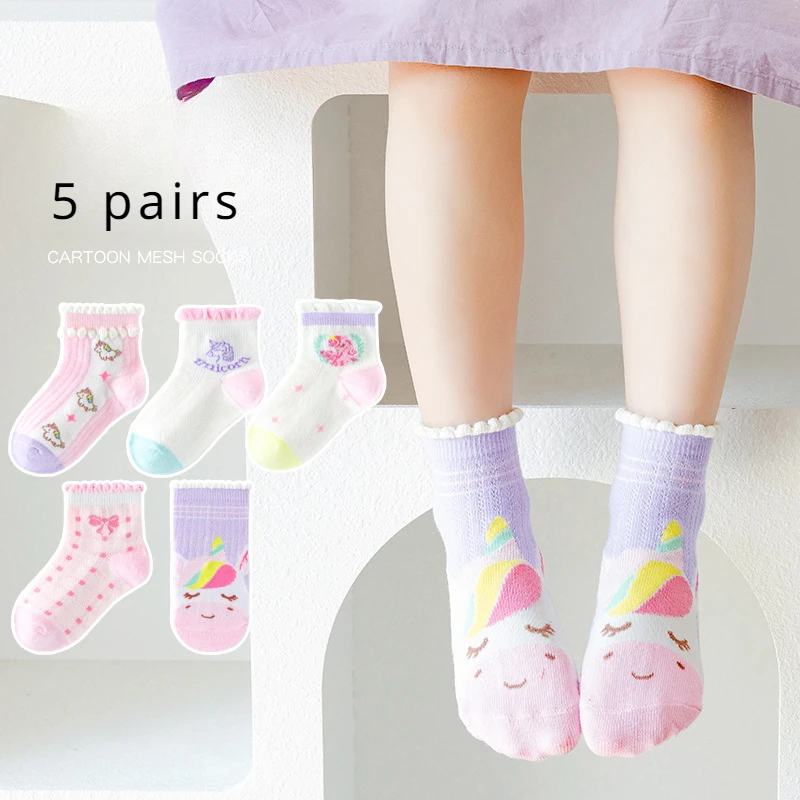 Five Pairs of Spring and Summer Thin Children\'s Cartoon Cute Unicorn Fashion Lace Mesh Breathable Comfortable Socks