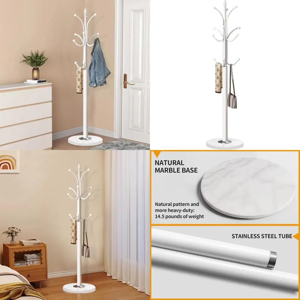 

Stylish Marble Base Coat Stand with 12 Hooks for Entryway, Freestanding Hall Tree in White