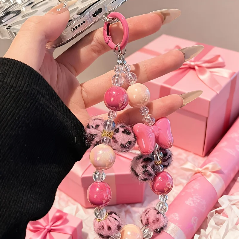 

Ins Style Leopard Print Beaded Phone Lanyard - Bow & Pom-pom Decor Wrist Strap for CellphoneCamera/Keychain, Fashionable Girly H