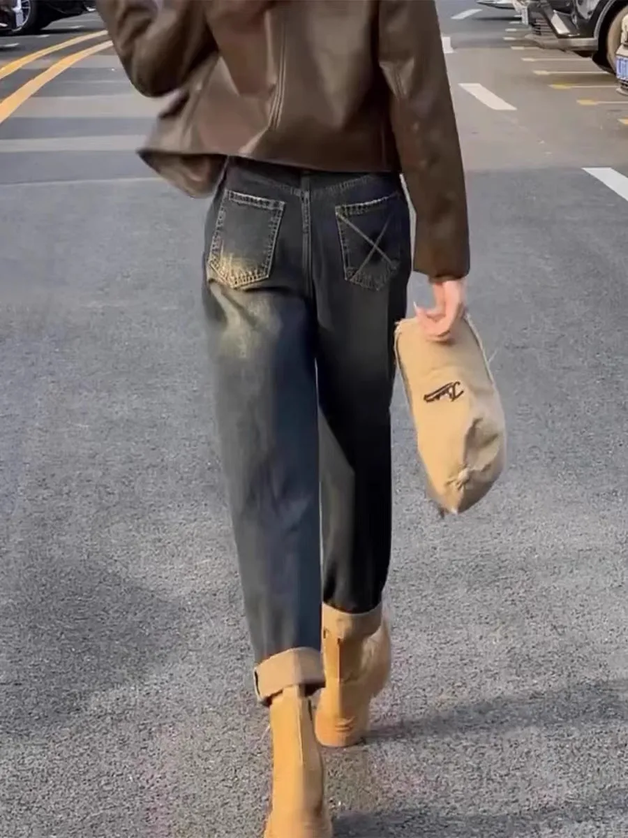 حجم كبير المرأة عالية الخصر فضفاضة تناسب الدينيم الجينز هارلان Sle الخريف Faion حجم كبير الدهون مم القطن تمتد الدينيم السراويل