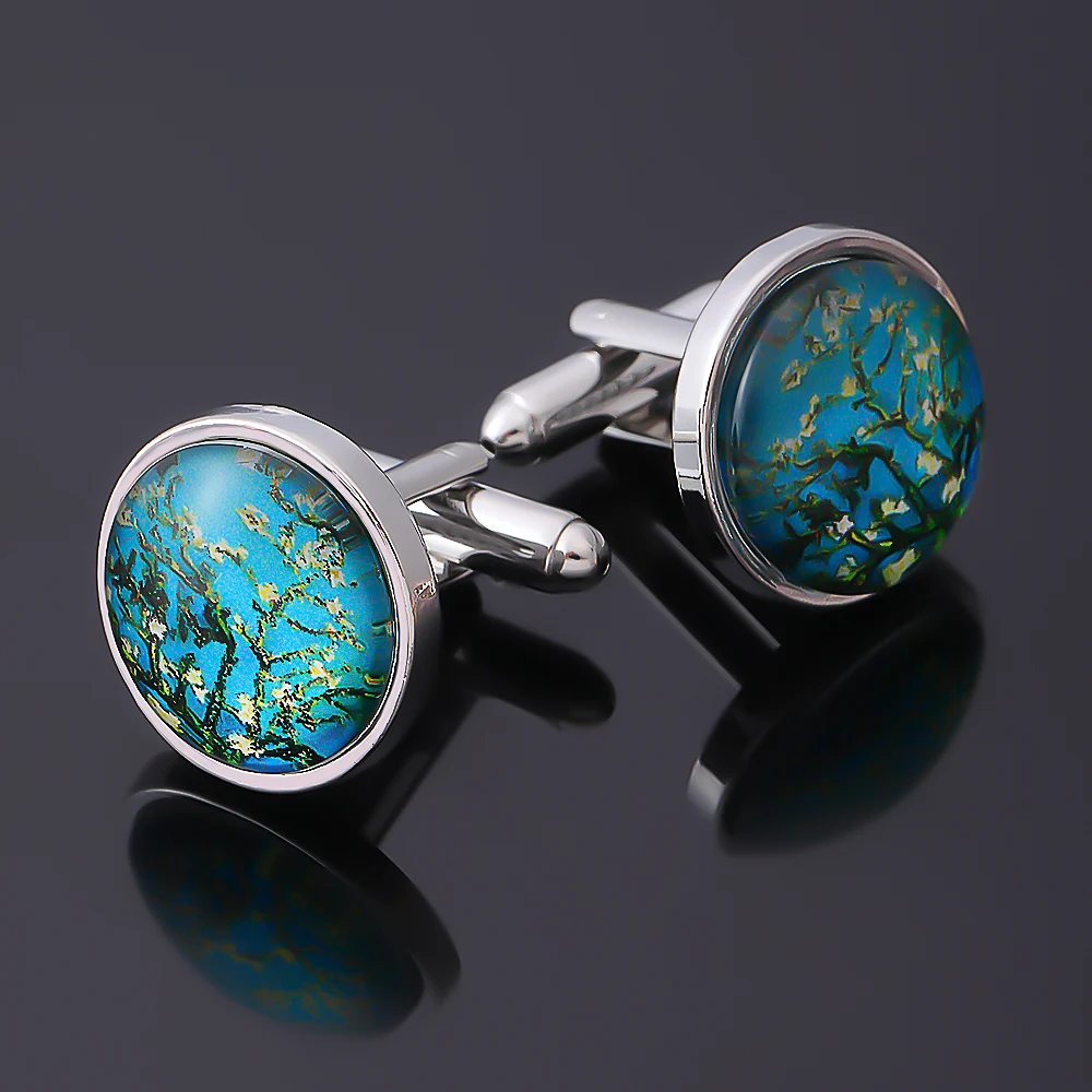 New Arrival Almond Blossom Time Gem Cufflinks Funny Glass Cabochon Van Gogh Flower Oil Painting Sleeve Button