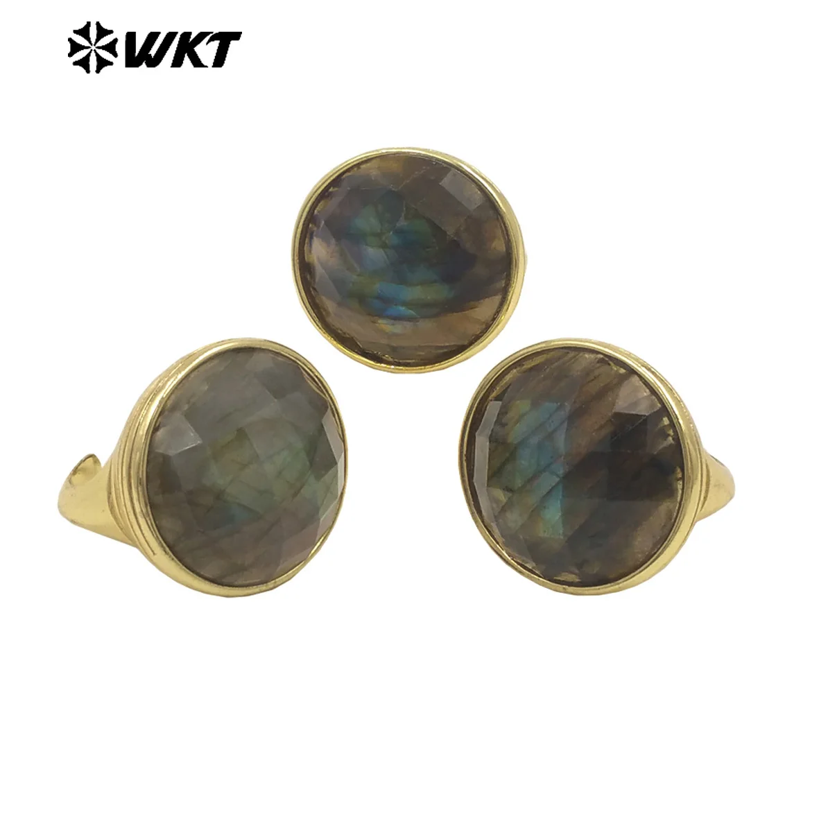 

WT-R514 Wholesale New Design Big Round Natural Jade Spring Bright Color Women Gold Ring In Adjustable
