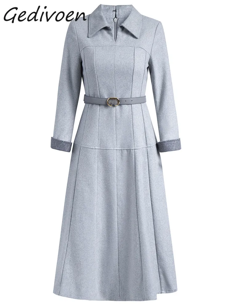 Gedivoen Autumn Fashion Designer Gray Elegant Party Dress Women's Lapel Long Sleeve Sashes Gathered Waist A-LINE Slim Long Dress