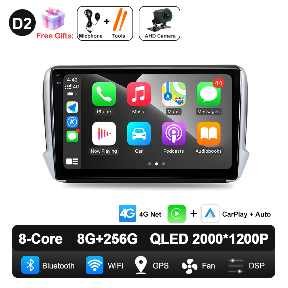 Android 16 Navigatie Multimedia Speler Carplay Auto Stereo BT video Autoradio voor Peugeot 2008 208 Serie 2012 2013 2014 - 2018