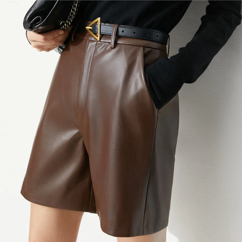 2023 Spring European/America Style Women's Genuine Leather Shorts Female Handsome Straight High Waist Suit Shorts Casual Wide