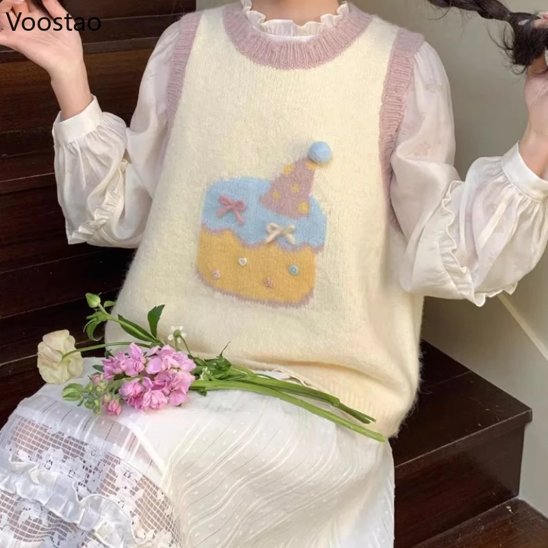 

Осенний милый свитер в стиле Лолиты, жилет, женский милый мультяшный торт, повседневный вязаный жилет Kawaii Y2k, трикотаж без рукавов, пуловер