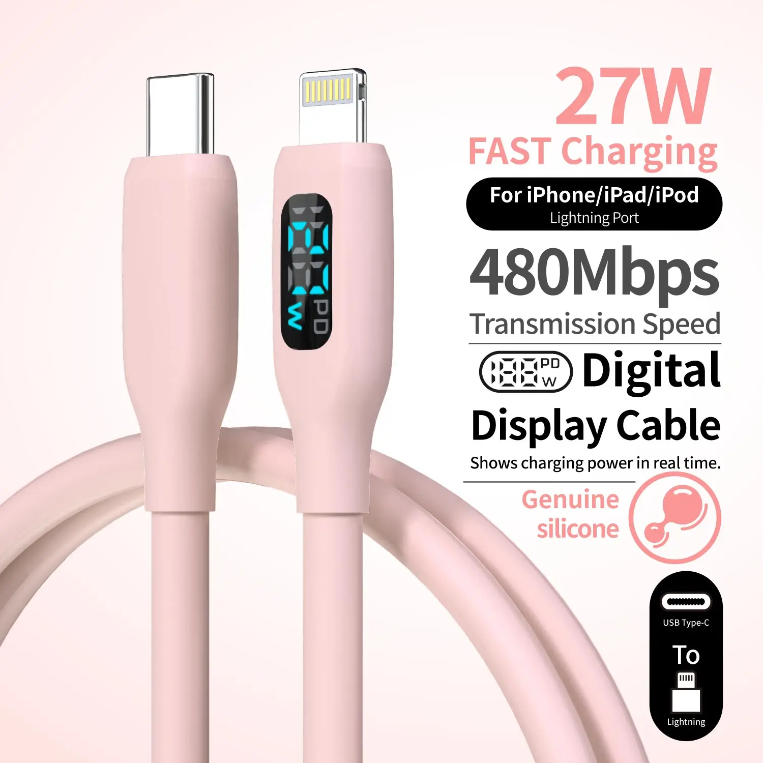 MFi-Zertifiziertes USB-C zu Lightning 27W Schnellladekabel mit LED-Anzeige, Niedliches Macaron-Rosa Silikon für iPhone 8-14 Pro Max