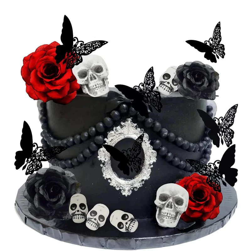 21 Stück Gothic Rose Skull Cake Topper, schwarzer Schmetterling Cake Topper, bis zum Tod uns Teil, für Geburtstag, Hochzeit, Halloween-Party