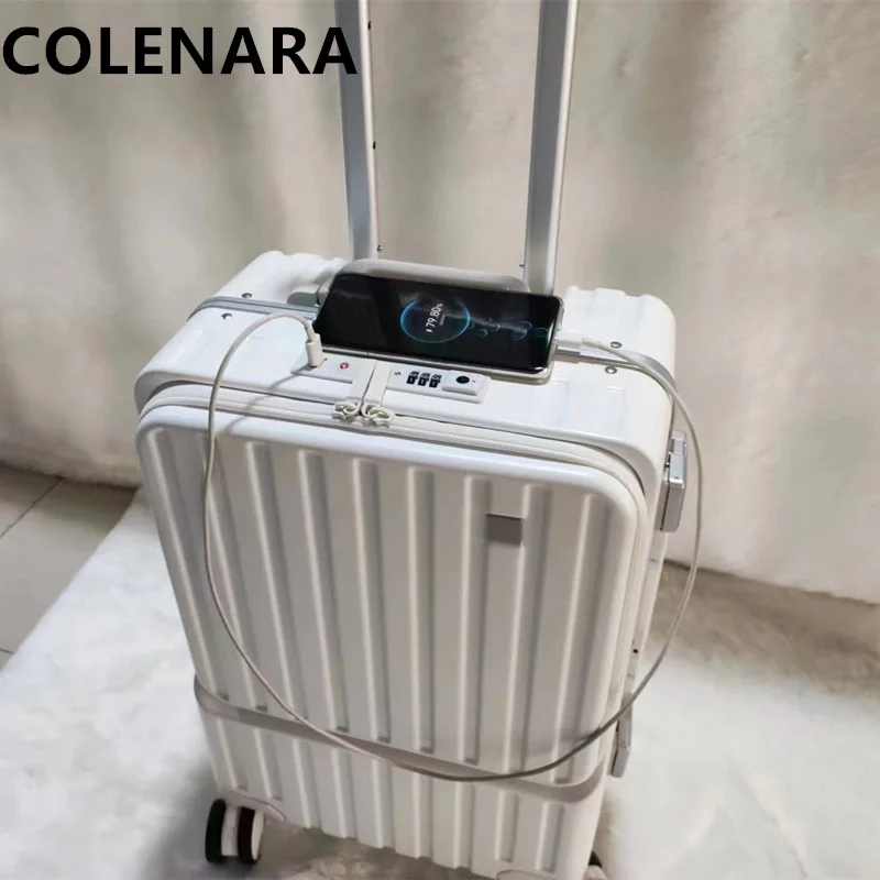 COLENARA-Mala De Cabine Com Rodas, Moldura De Alumínio, Caixa De Embarque, Carregamento USB, Estojo Do Trole, 20 ", 24", Abertura Frontal, Bagagem