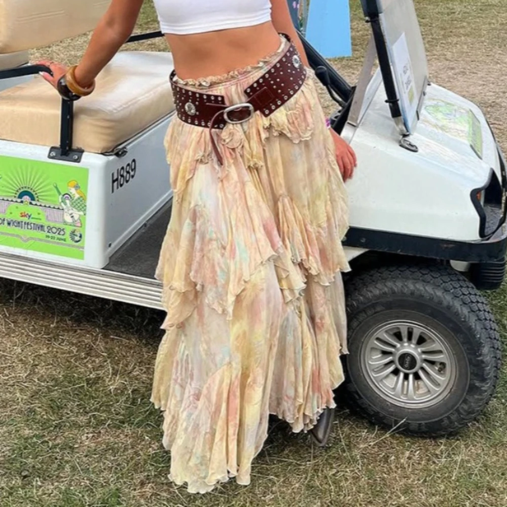 Chiffon Printed Irregular Maxi Skirts Women Summr Gypsy Retro Elastic Waist A-line Loose Falda Mujer Boho Beach Skirt