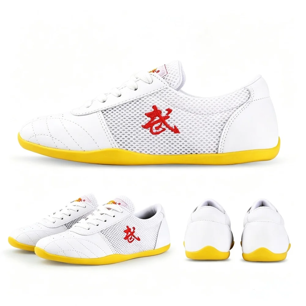 Unisex Martial Arts Shoes Soft Yellow Rubber Sole Taichi Kung Fu Training Sneakers Breathable Mesh Microfiber Leather Wushu Shoe