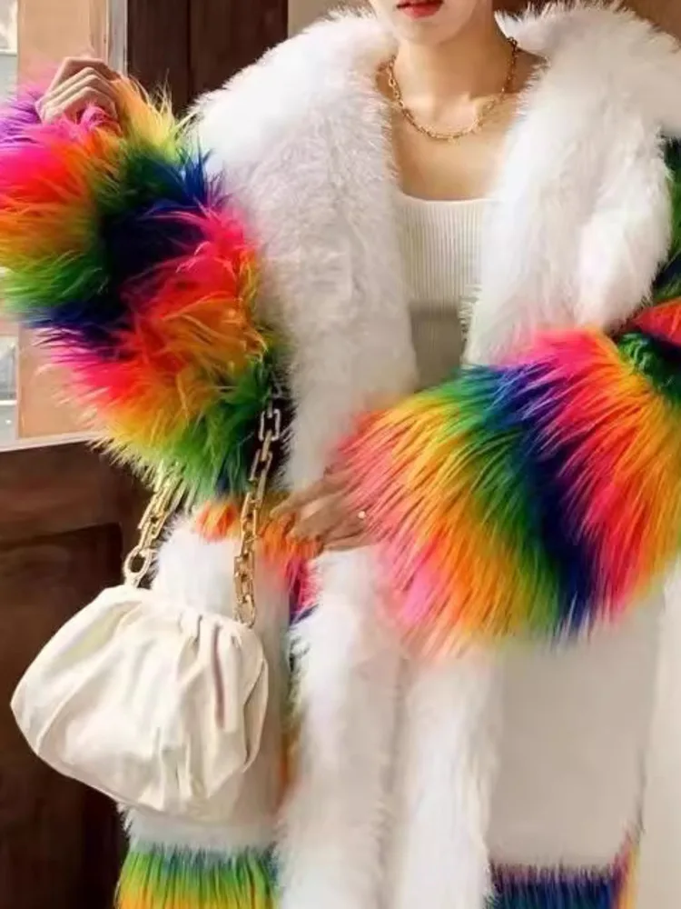 DEAT Fashion Women\'s Faux Fur Coat Lapel Rainbow Colored Long Sleeves Loose Fit Thick Warm Jackets Winter 2024 New Tide 7AB5092