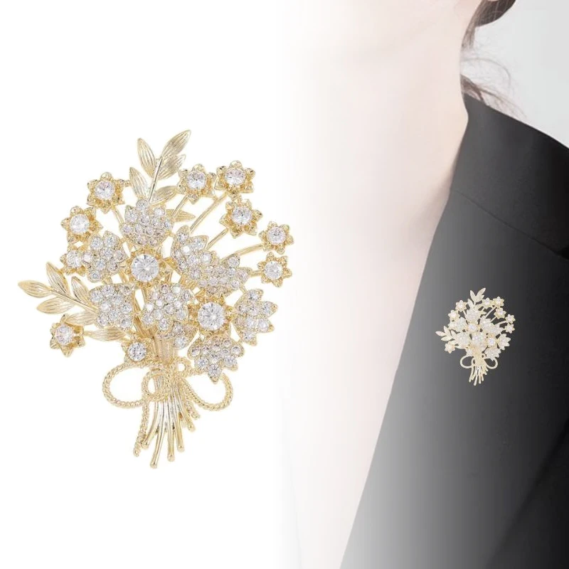 Exquisite Crystal Flower Bouquet Brooch Pin Luxury Rhinestone Brooches For Women Men Banquet Wedding Party Clothing Jewelry