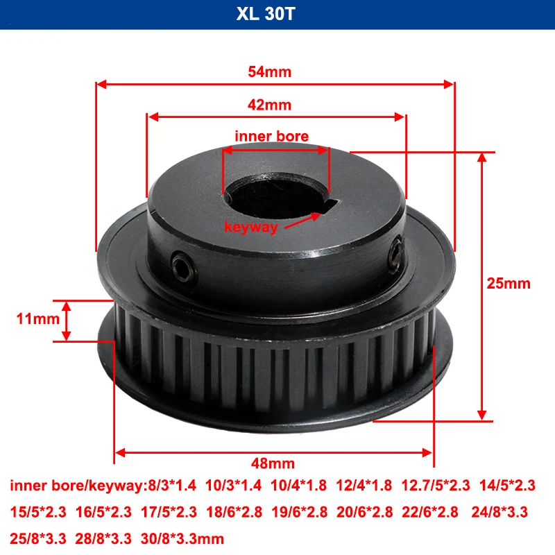 Imagem -06 - Rodas Síncronas de Aço Preto Sincronismo Polia Furo 530 mm tipo bf Furo de Chaveta Largura 11 mm Xl28t 30t 3x1.4 4x1.8 5x2.3 6x 2.8 mm