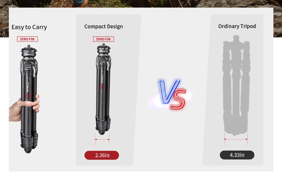 COMAN Zero F38 Carbonfaser-Stativ Leichtes Kugelkopf-Stativ für DSLR-Kameras mit Schnellwechselplatte für Smartphone iPhone – Detail 3