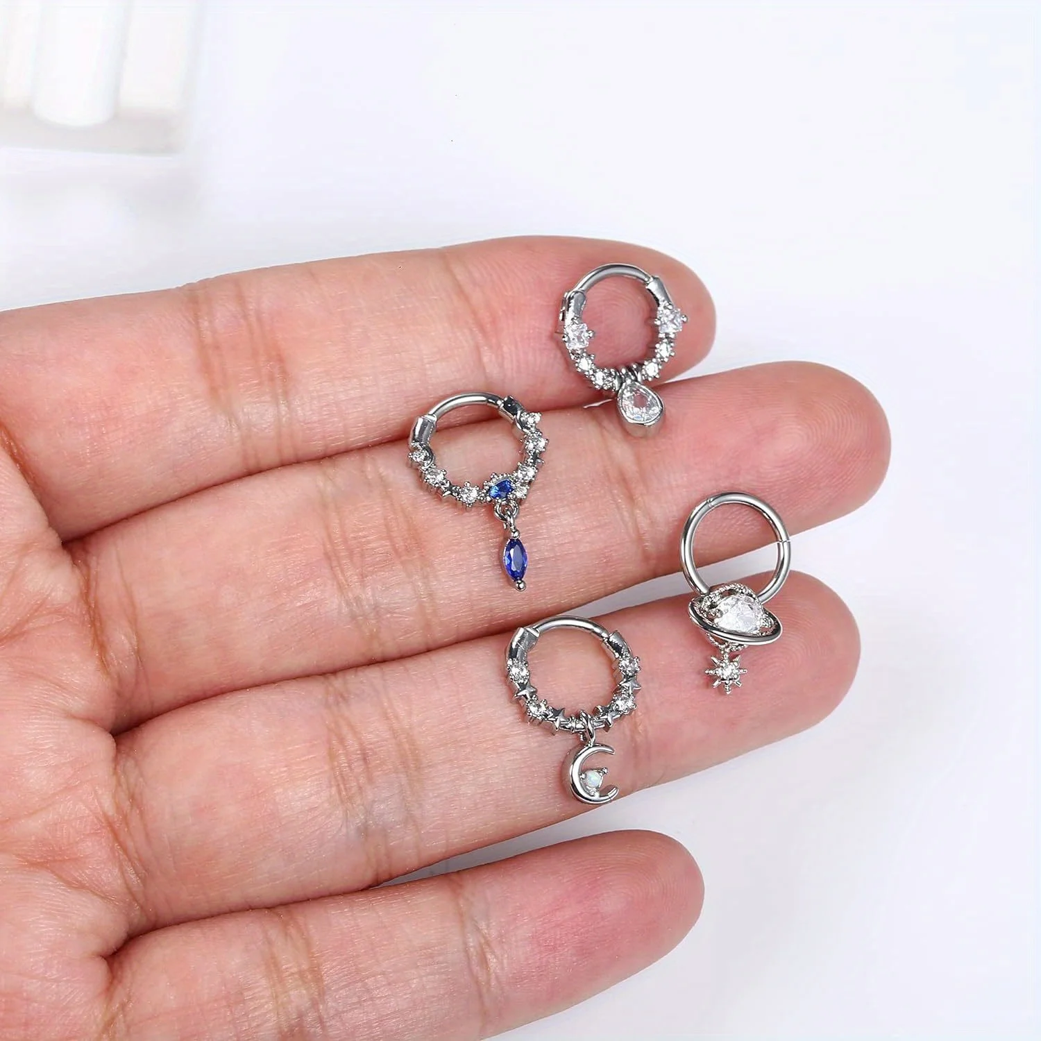 DOLOTTA 1Pcs 16G Surgical Steel Septum Rings for Women Dangle Blue Planet Moon Star CZ Daith Helix Nose Ring Piercing Jewelry