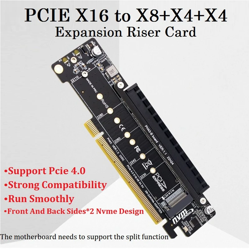 PCIE4.0 Split PCIE4.0 X16 to X8+X4+X4 Split Card Nvme Pcie4.0 Expansion Card 2 NVME Input Port Expansion Riser Card