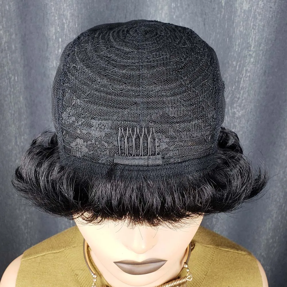 Pixie-Perücken für schwarze Frauen, Echthaar, kurze geschichtete Perücken mit Pony, voll maschinell hergestellte, maschinell hergestellte Perücke in natürlicher Farbe