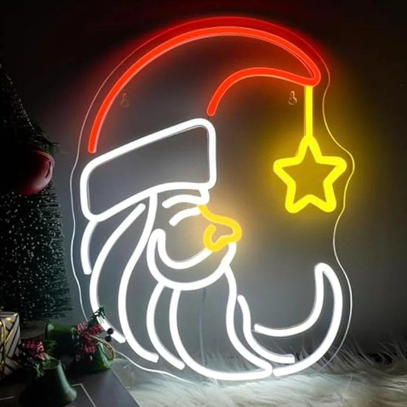 

Moon Christmas Santa Neon Sign Cute Anime Moon Star Neon Sign for Wall Decor Red Christmas Hat Party Store Living Room Bar Door