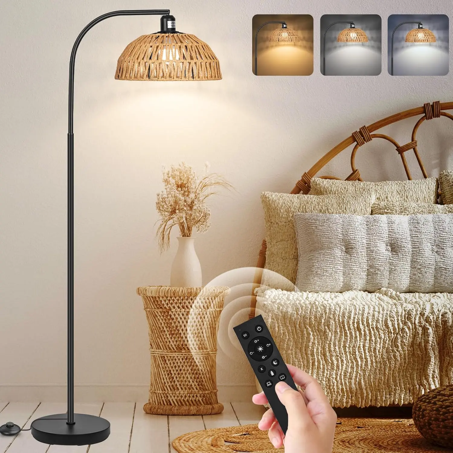 Rattan Floor Lamp- Boho Standing Lamp With Remote Control And Dimmable Bulb, Hand-Worked Adjustable Rattan Shades, Black