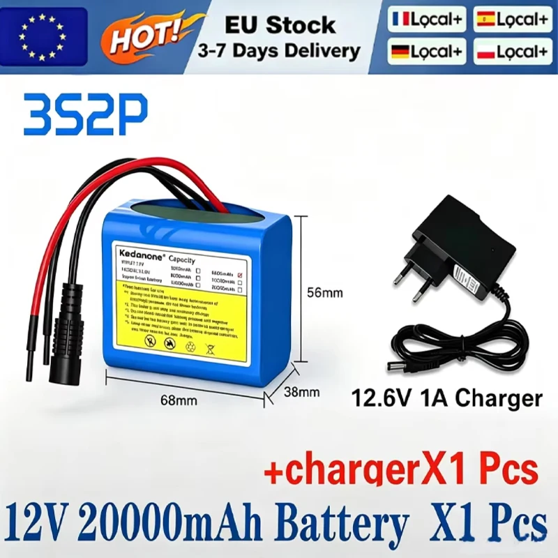Batteria 12V 20Ah 18650 Li-Ion 3S2P Batterie Ricaricabili con BMS Scheda di Protezione per Pacchi Batterie al Litio + Caricabatterie 12,6V