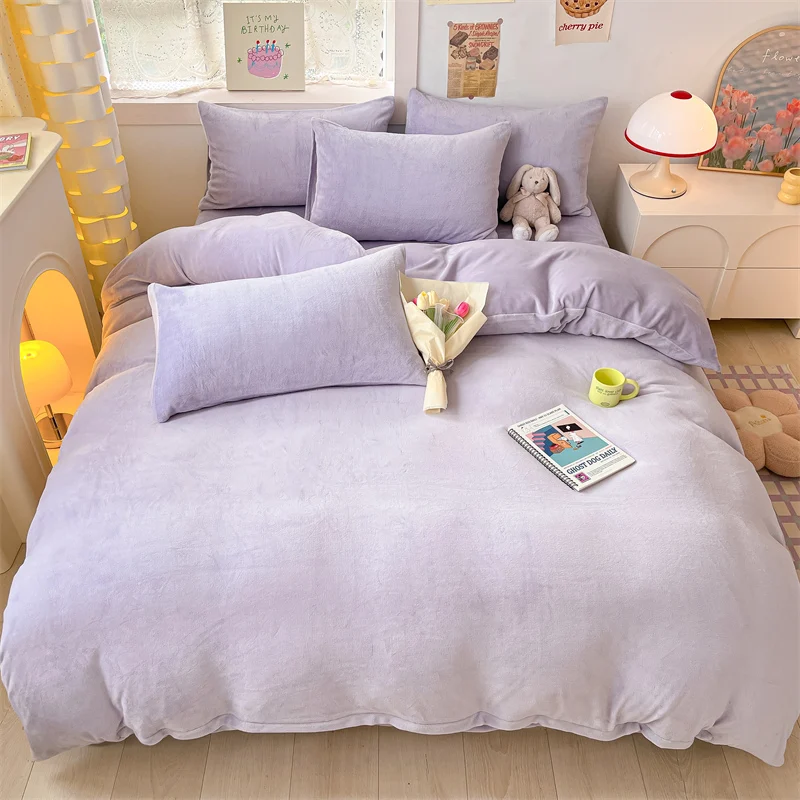 

New Simple Milk Velvet Warm Bedding Set Winter Soft Comfortable Queen Duvet Cover Set Warmth Coral Fleece Quilt Cover Sets Cozy