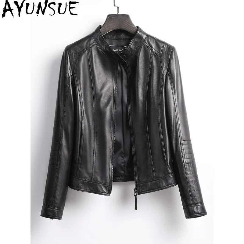 

AYUNSUE Women's Sheepskin Jackets Short Stand Collar Black Outerwears Motorcycle Style Real Leather Jacket Woman Clothes Jaqueta