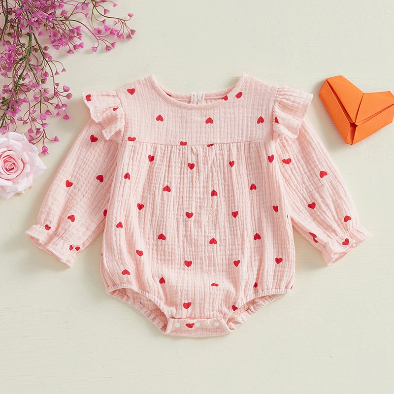 Baby Girls Valentine's Day Rompers Love Heart Pattern Crew Neck Long Sleeve Newborn Jumpsuit