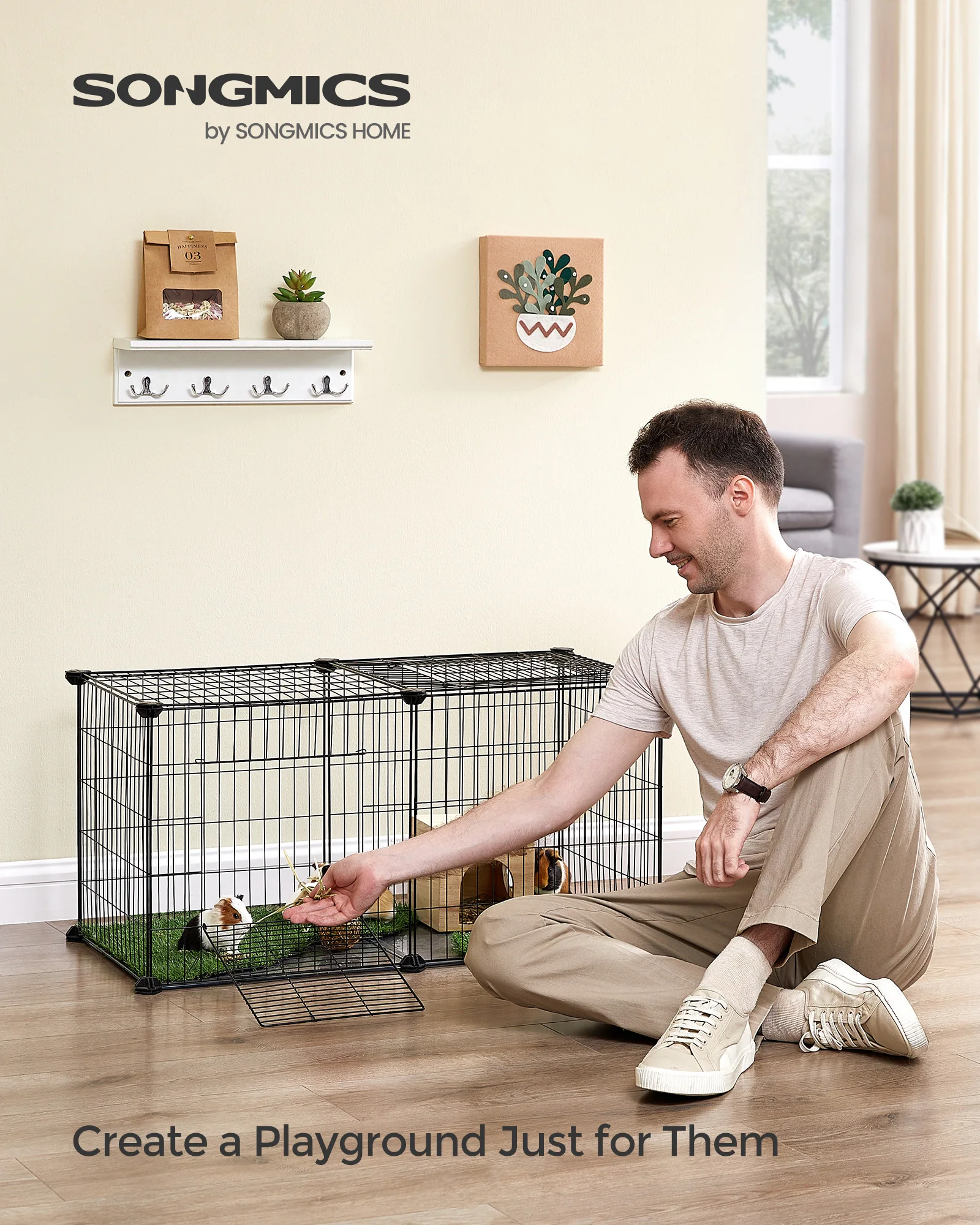 SONGMICS Small Animal Cage, Pet Cage, L, with Top, Base, 2 Doors, Easy to Clean, 82 x 41 x 41 cm