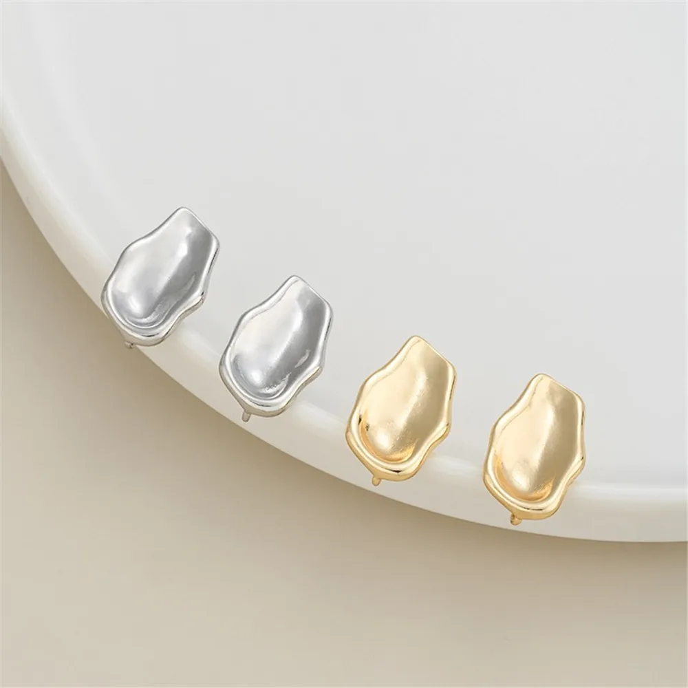 

14K Gold-plated Stud Earrings, 925 Silver Needle Diy Material, European American Style Pleated Metal Earrings with Pendant Rings