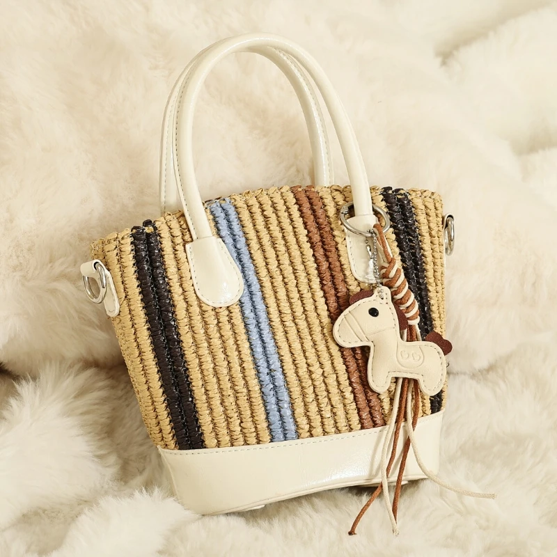 Summer Bohemian Color-matched Striped Straw Woven Handbag with Faux Leather Handle 202 New Fashionable Vacation Travel Beach Bag