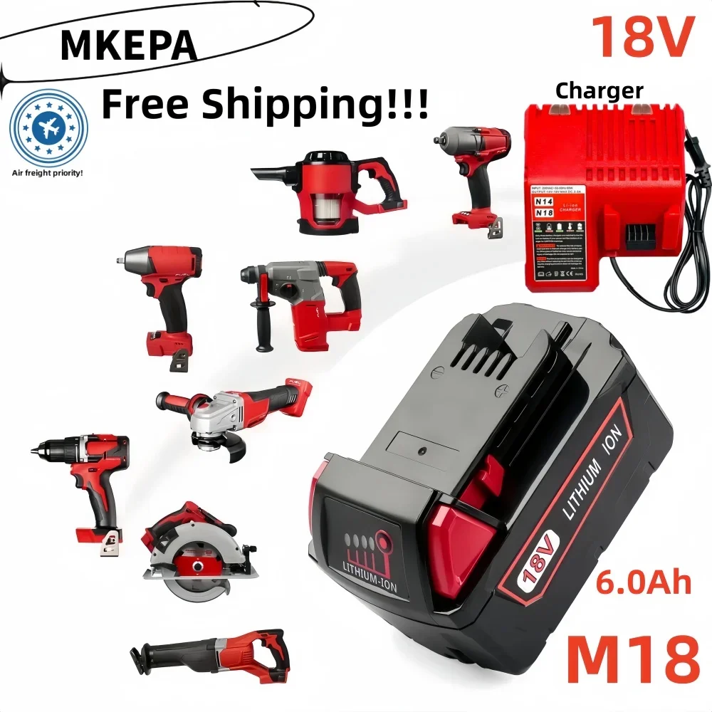 Batteria al litio 18V Milwaukee M18 6000mAh, sostituzione per batteria Milwaukee M18 48-11-1815 48-11-1850 2604-22. E caricabatterie.