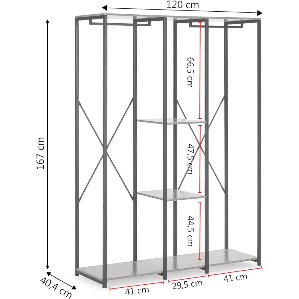 Armario vestidor Jana 3 estantes 2 Barras, Color Owl/Negro, 120 cm (Ancho) 40,4 cm (Profundo) 167 cm (Altura)