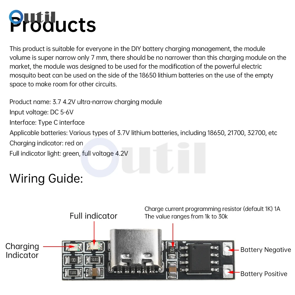 DC 3.7V Mini Li-ion Battery Charging Board Ultra-Narrow Ultra-Small Charging Module 1A/1.2A 4.2V Charger Module Type-C Interface