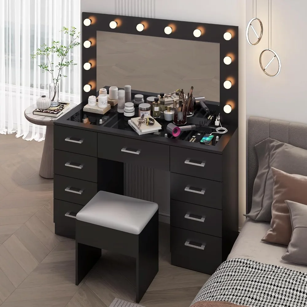 

Vanity Desk with Large Lighted Mirror & Powre Outlet, Glass Tabletop Makeup Vanity Set with 9 Drawers