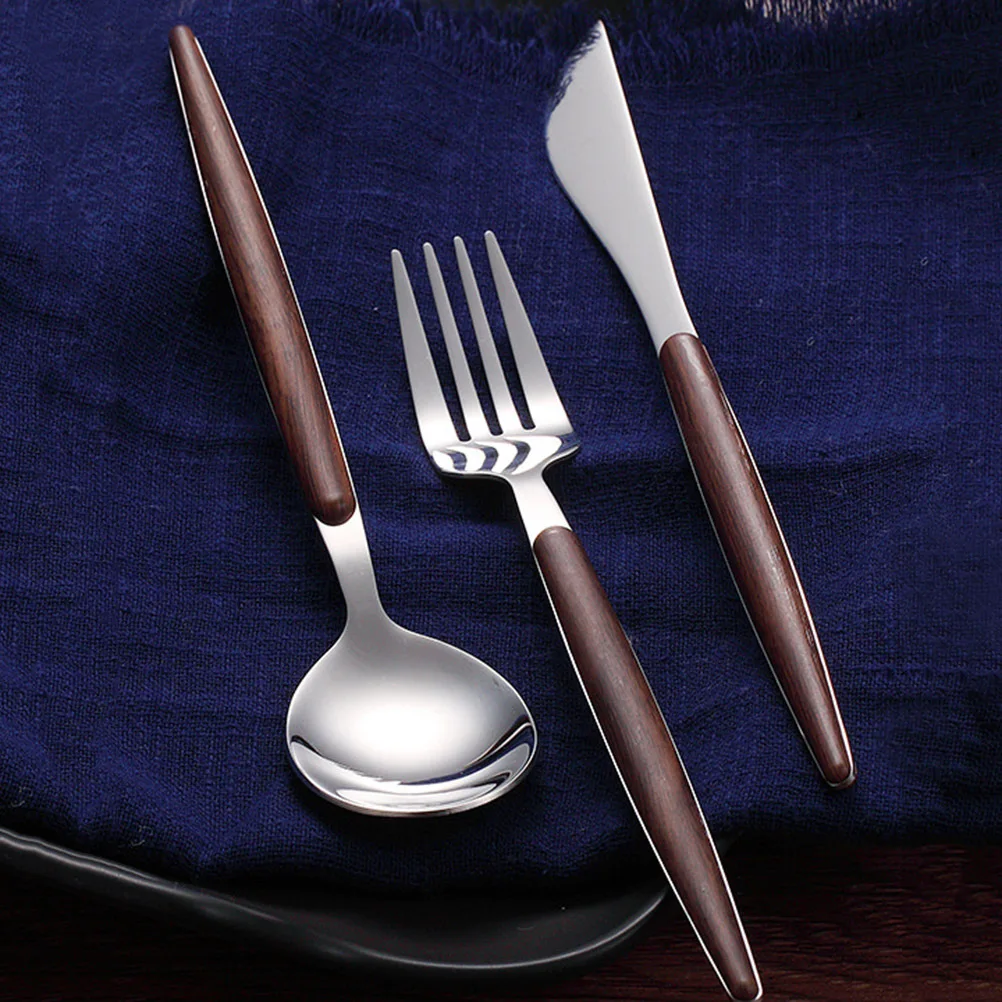 

4Pcs Stainless Steel Cutlery Set Walnut Handle Mirror Polished Portable Tableware Kit Fork Spoon Lunch