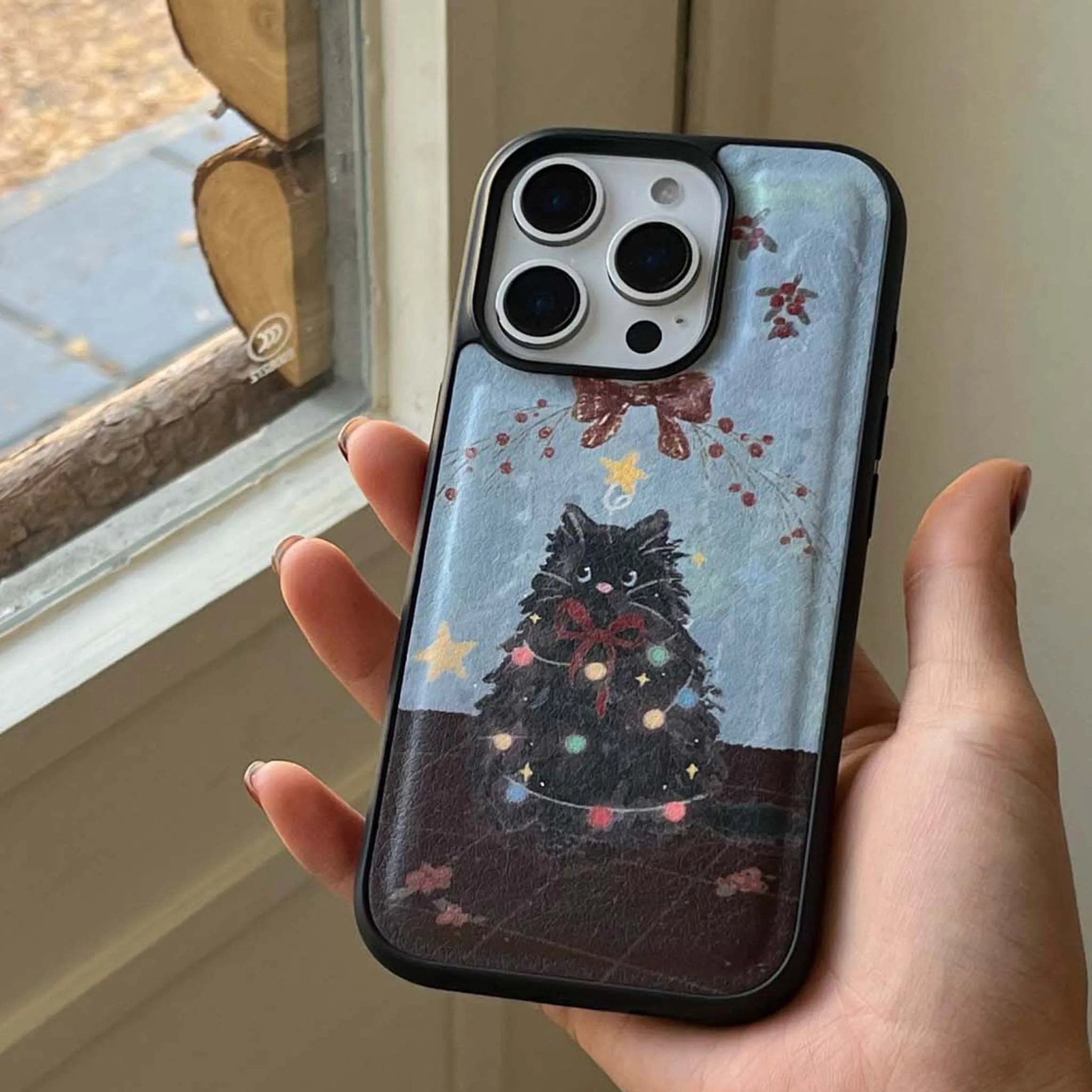 Christmas Tree Cat colorful bow stars leather phone case for iphone 12 13 14 promax 16 15 pro max cute cartoon back cover