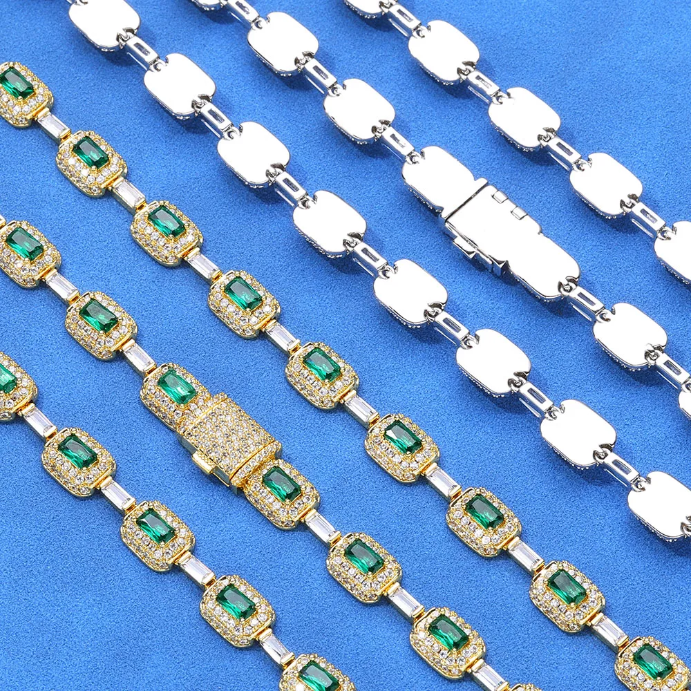 Hip Hop Jewelry Handmade Set Diamond Necklace with Green Square Zircon Sparkling Ice Flower Exquisite Christmas Gift