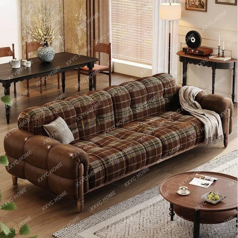 Medieval plaid fabric sofa small apartment living room three or four people solid wood straight row leather cloth double parcel