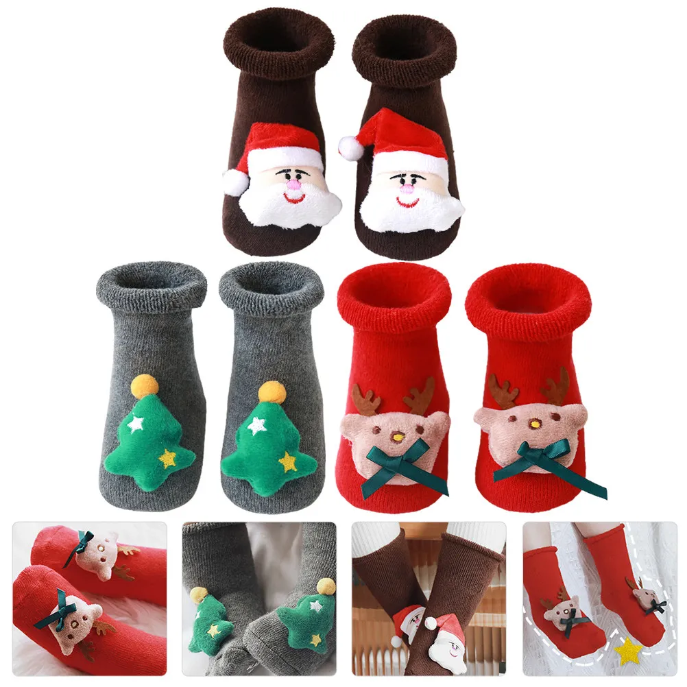 3 ペアのベビークリスマスストッキング、愛らしいプリントの滑り止め通気性のある暖かい靴下、冬のホリデーギフト用子供用フロアソックス