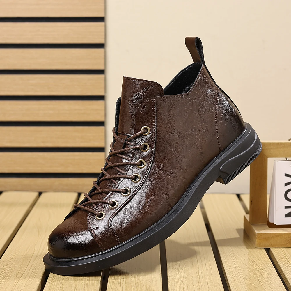 

New Men Stylish Chelsea Boots Black-brown Color European Casual Lace-up Slip-resistant Durable Men Leather Shoes Work Boots Man