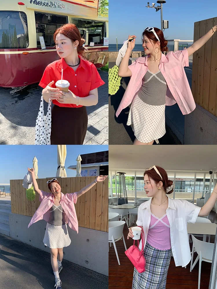 

Летняя свободная женская рубашка с коротким рукавом, однотонная, универсальная, в корейском стиле, верхняя одежда из хлопка, повседневная рубашка для создания молодежного образа